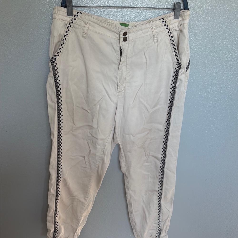 Anthropologie Cream and Black Chinos with Braided Trim